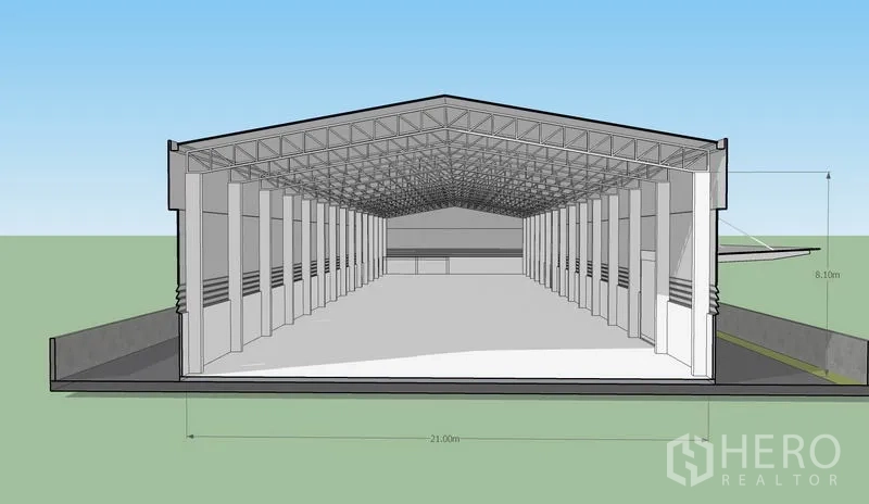 货栈 出租或出售在Lam Luk Ka, Pathum Thani - 仓库3D剖面图，显示屋架与无柱空间。