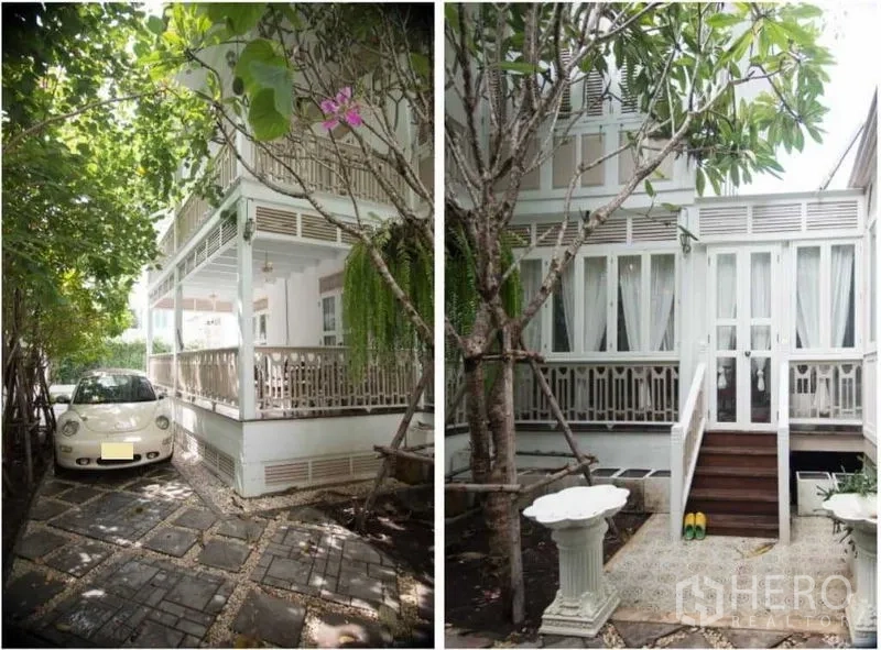 Detached House for rent in Bang Rak, Bangkok - Side-by-side views showing a driveway with parking beside a wraparound veranda and a garden courtyard with rear steps.
