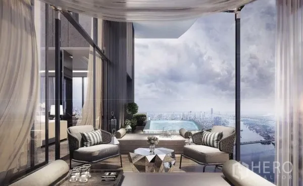 Condominium for sale in Bangkok - Luxury terrace lounge with canopy and plunge pool overlooking the Chao Phraya River and Bangkok skyline.