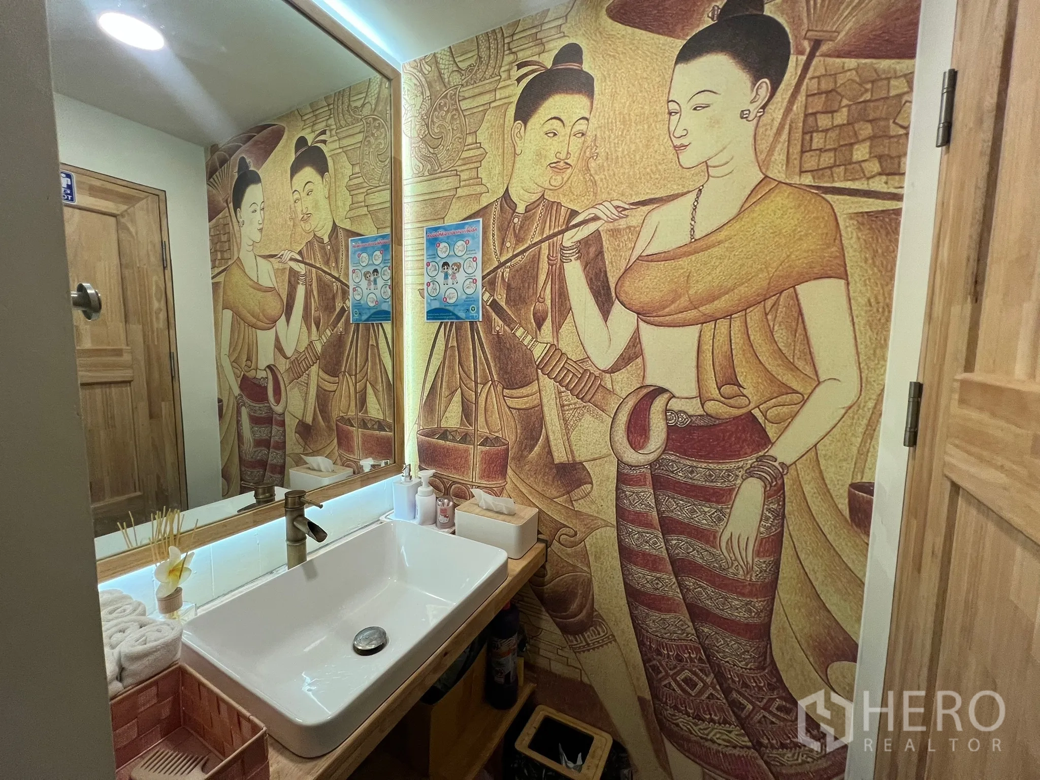 พื้นที่ขายปลีก ให้เช่าในKhlong Toei, Bangkok - อ่างล้างหน้า กระจกบานใหญ่ กับผนังตกแต่งลวดลาย.