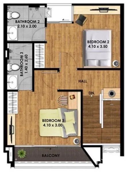 ทาวน์เฮาส์ ให้เช่าหรือขายในSuan Luang, Bangkok - แปลนชั้นสี่ ห้องนอนที่ 2 และ 3 พร้อมห้องน้ำ 2 ห้อง และระเบียง