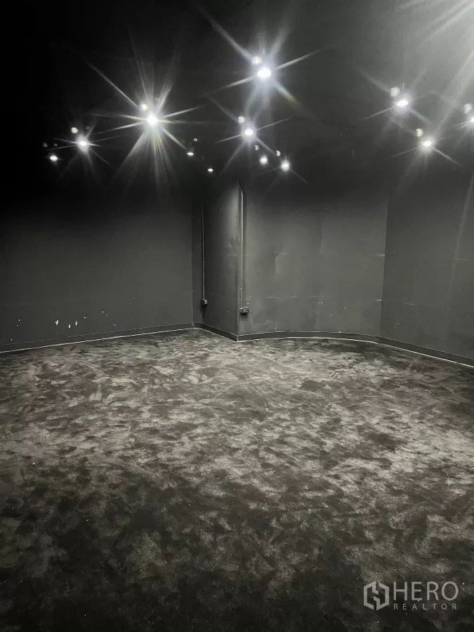 Home Office for rent in Wang Thonglang, Bangkok - Large soundproofed room with black carpet and ceiling spotlights, ideal for studio use.