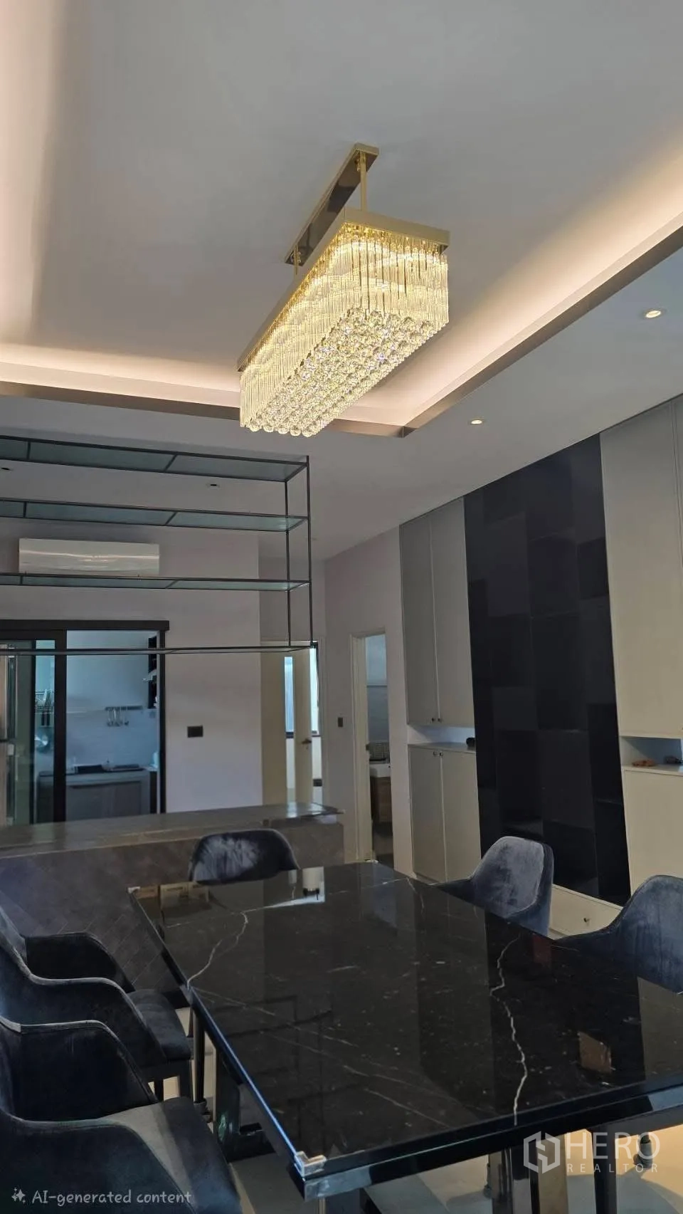 Detached House for rent in Prawet, Bangkok - Dining area with black marble table, velvet chairs and a crystal chandelier.