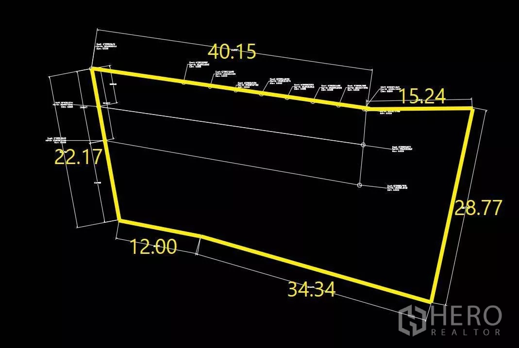 ที่ดิน ให้เช่าในWatthana, Bangkok - แบบรังวัดแปลงที่ดิน 296 ตร.ว. แสดงแนวเขตและความยาวด้านต่างๆ ไฮไลต์ด้วยเส้นสีเหลือง
