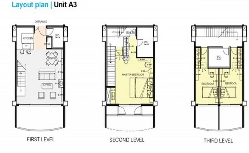 Condominium for rent in Watthana, Bangkok - Triplex condominium floor plan illustrating three levels and room layout.