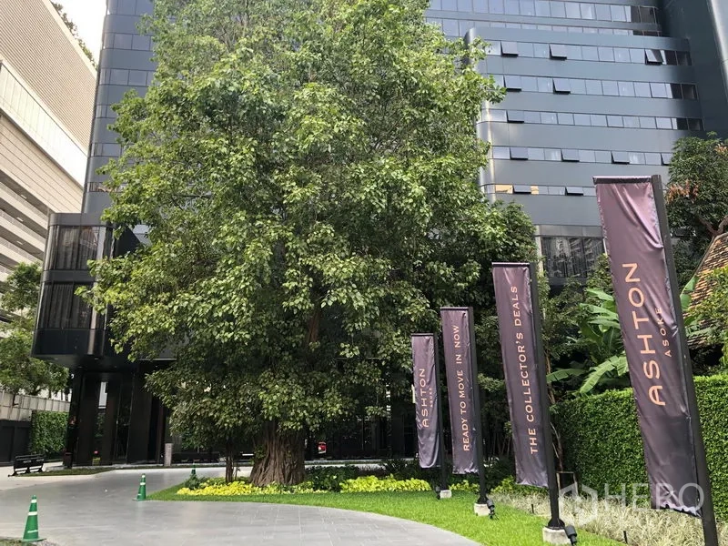 คอนโด ให้เช่าในWatthana, Bangkok - ทางเข้าอาคารคอนโดรายล้อมด้วยต้นไม้ใหญ่และอาคารสมัยใหม่