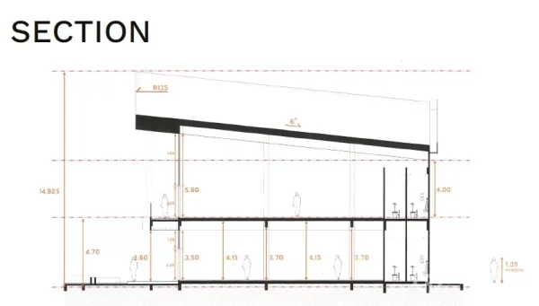 พื้นที่ขายปลีก ให้เช่าในKhlong Toei, Bangkok - แบบรูปตัดอาคาร แสดงสองชั้น หลังคาเอียง และความสูงใต้ฝ้าที่โปร่ง