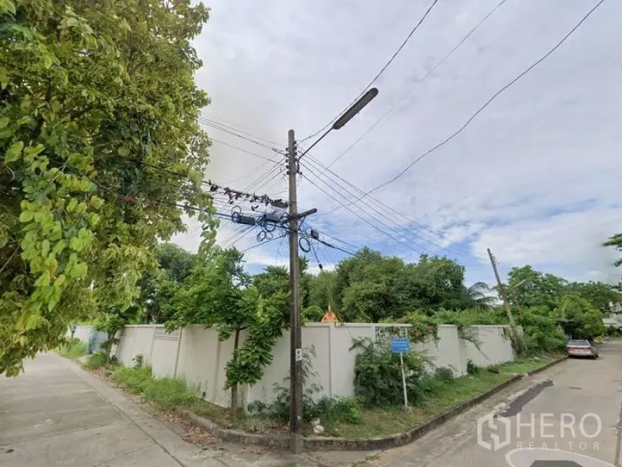 ที่ดิน ขายในLak Si, Bangkok - แปลงมุมล้อมรั้วสีขาวที่จุดตัดถนนในชุมชน มีเสาไฟฟ้า ไฟถนน และต้นไม้รอบด้าน