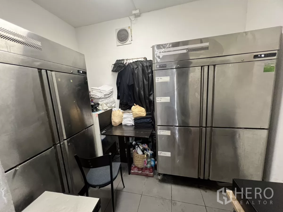 Retail Space for rent - Storage room with commercial refrigerators and workspace.