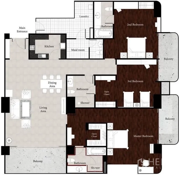 คอนโด ให้เช่าในWatthana, Bangkok - ผังห้อง 260 ตร.ม. 3 ห้องนอน 3 ห้องน้ำ ครัว ห้องแม่บ้าน พื้นที่ซักล้าง และระเบียงหลายจุด
