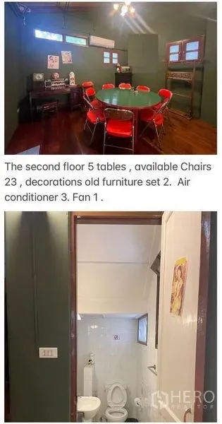 零售空间 出租在Pathum Wan, Bangkok - 楼上房间摆放桌椅红色座椅，旁边为干净的瓷砖卫生间。