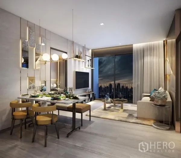 公寓 出售在Ratchathewi, Bangkok - 一体化餐客厅，连接阳台并享城市景观。