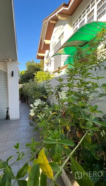 บ้าน ขายในLat Krabang, Bangkok - ลานข้างบ้านปูกระเบื้อง มีกันสาดสีเขียวและต้นไม้ริมกำแพง