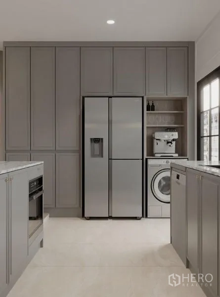 Detached House for rent in Bang Phli, Samut Prakan - Built-in gray kitchen wall with double-door fridge, washing machine and coffee station.