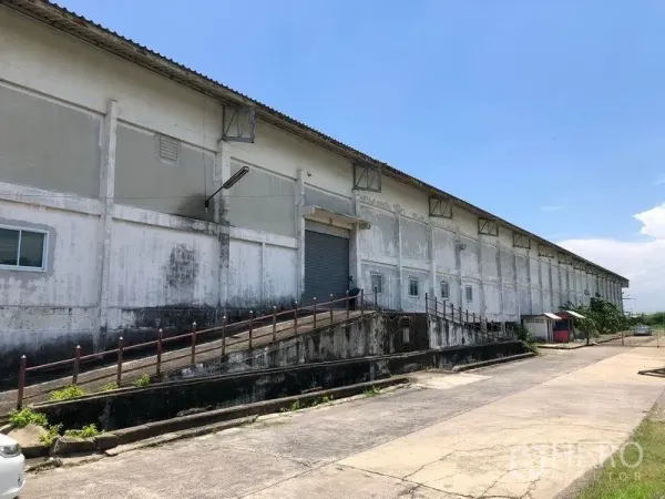 工厂 出租在Lat Krabang, Bangkok - 长条形工厂外立面，设有升高装卸平台与卷帘门，蓝天下。