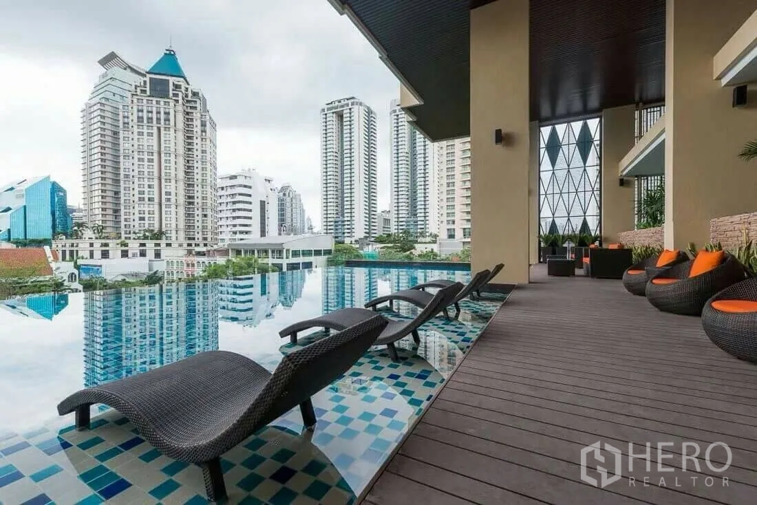 Condominium for rent in Sathon, Bangkok - Infinity‑edge swimming pool with city skyline views and sun loungers at a Sathon condo near Chong Nonsi.