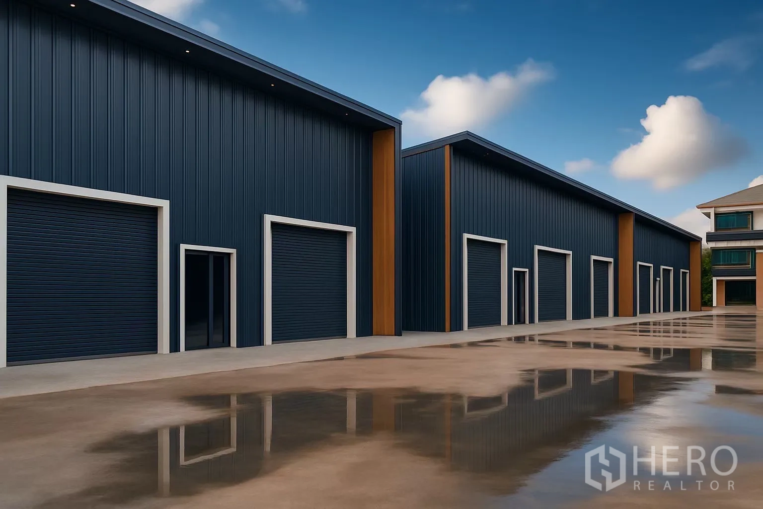 Warehouse for rent in Phra Khanong, Bangkok - Row of brand-new dark metal warehouses with roller shutter doors and a wide concrete yard.