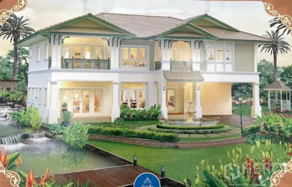 บ้าน ขายในLam Luk Ka, Pathum Thani - ภาพจำลองอีกมุม เน้นระเบียง หน้าต่างบานใหญ่ น้ำพุ และสนามหญ้าติดคลอง