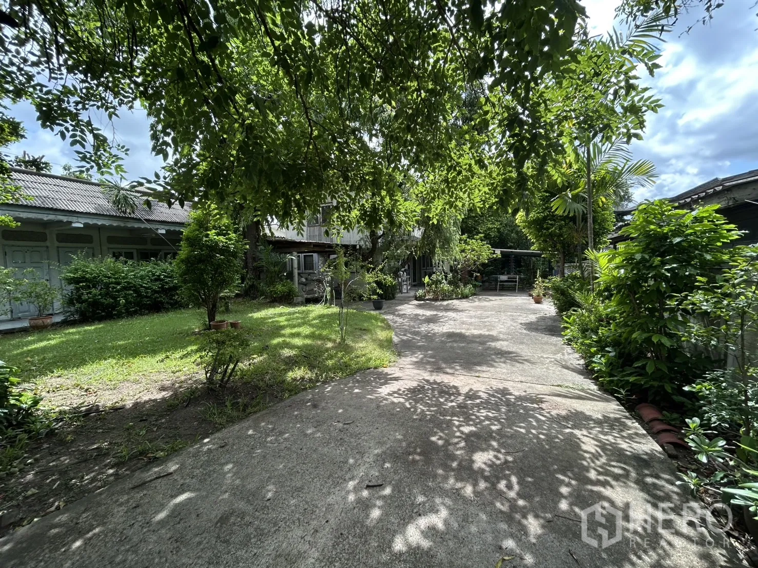 独栋房屋 for sale in Phra Khanong, Bangkok - 沿车道的花园草坪，通向房屋与车棚。