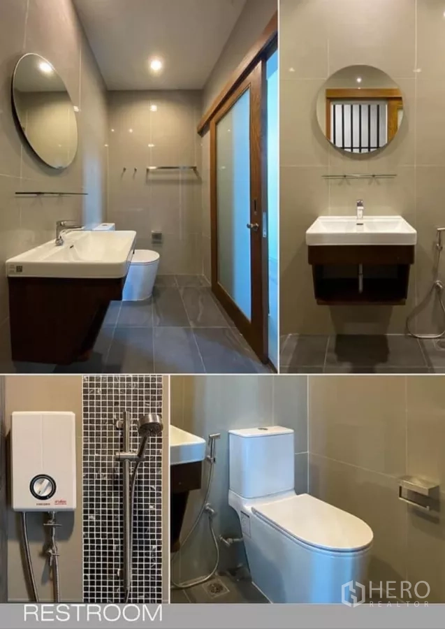 Detached House for rent in Huai Khwang, Bangkok - Modern bathrooms with wall tiles, floating vanities, rain shower and water heater.