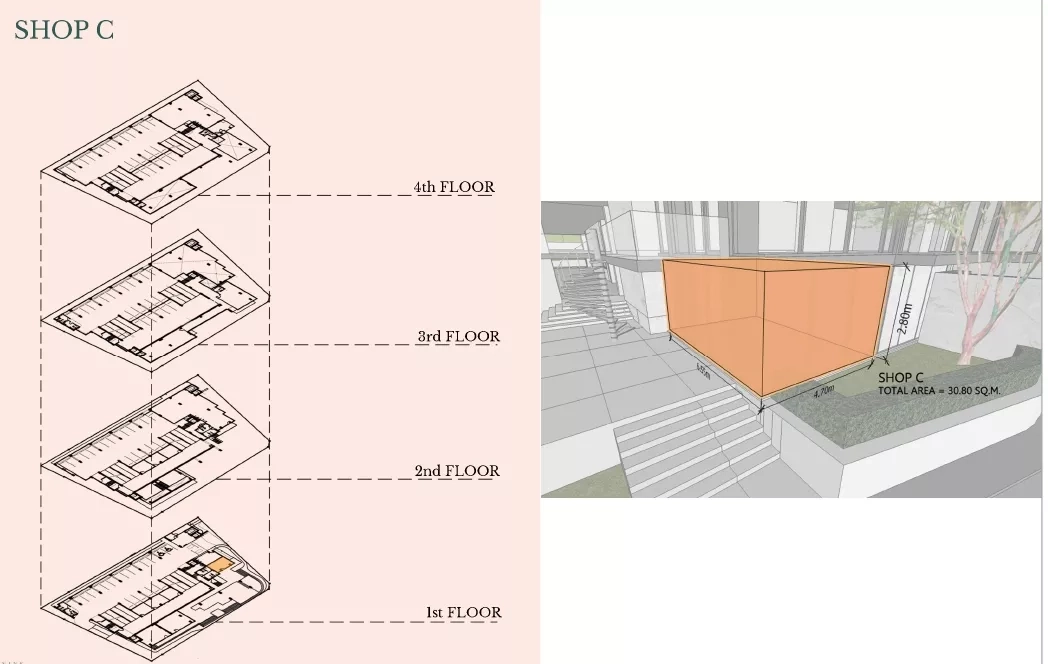 独立商业地产 出售在Watthana, Bangkok - 店铺C位置示意，悬挑零售盒体。