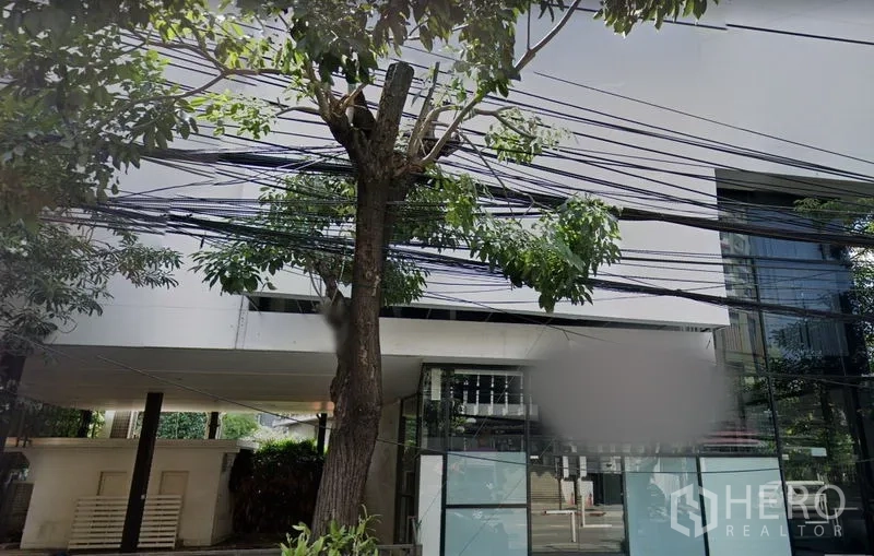 พื้นที่ขายปลีก ให้เช่าในKhlong Toei, Bangkok - ด้านหน้าอาคารสมัยใหม่ กระจกสูงริมถนนและต้นไม้ใหญ่