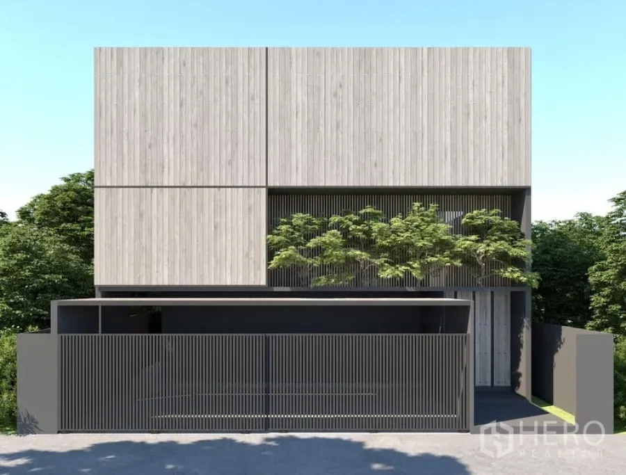 บ้าน ให้เช่าหรือขายในBangkok - บ้านเดี่ยวสไตล์มินิมอล ฟาซาดไม้แนวตั้งและประตูเหล็กซี่