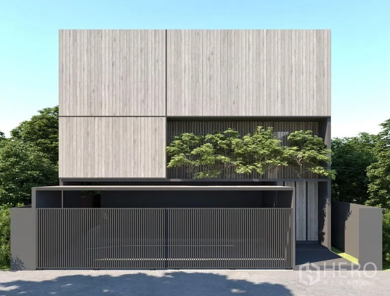 บ้าน ให้เช่าหรือขายในBangkok - บ้านเดี่ยวสไตล์มินิมอล ฟาซาดไม้แนวตั้งและประตูเหล็กซี่