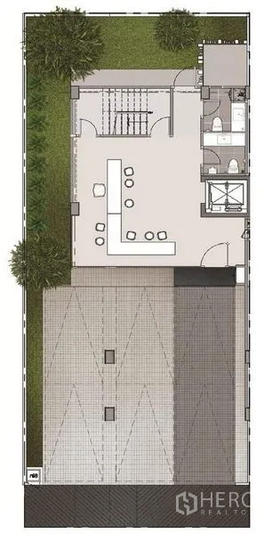 สำนักงานที่บ้าน ขายในSuan Luang, Bangkok - ผังชั้นล่าง แสดงที่จอดรถ ล็อบบี้ ลิฟต์ และโถงสำนักงาน