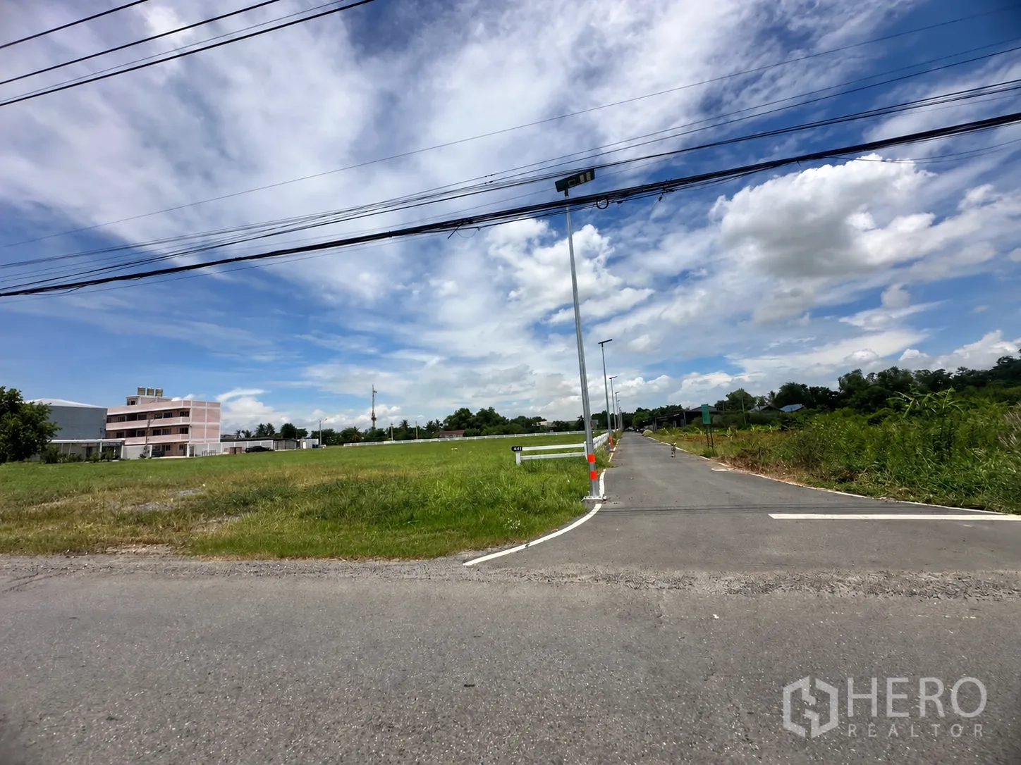 Land for sale in Lam Luk Ka, Pathum Thani - Level grassed land plot beside a paved concrete road with streetlights and power lines.