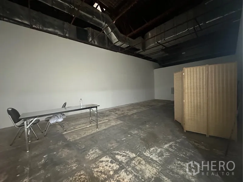 พื้นที่ขายปลีก ให้เช่า - พื้นที่ร้านค้าพร้อมฉากกั้น พื้นคอนกรีตลายดิบ และผนังสีขาว