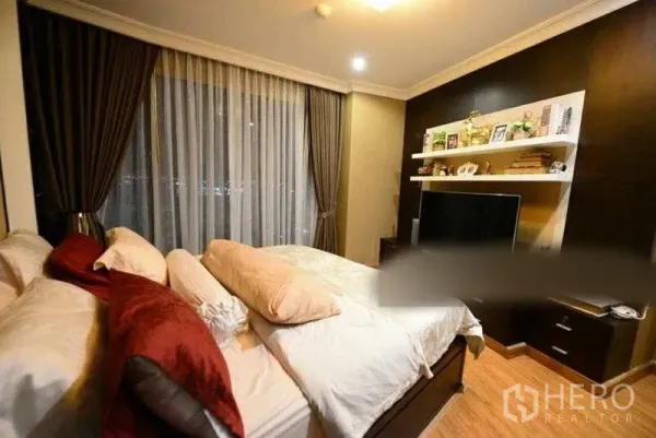 Condominium for rent in Bang Kho Laem, Bangkok - Master bedroom with large window, dark feature wall, shelving and TV unit.