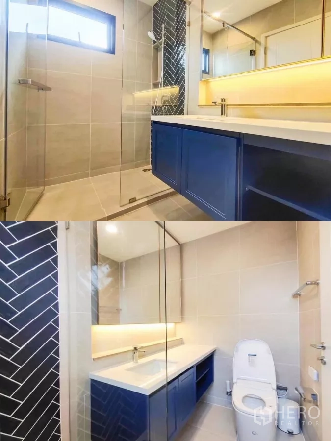 บ้าน ให้เช่าในKhan Na Yao, Bangkok - ห้องน้ำสมัยใหม่ มีตู้ล้างหน้าสีน้ำเงิน กระจกไฟแบ็กไลท์ และตู้ฝักบัวกระจก