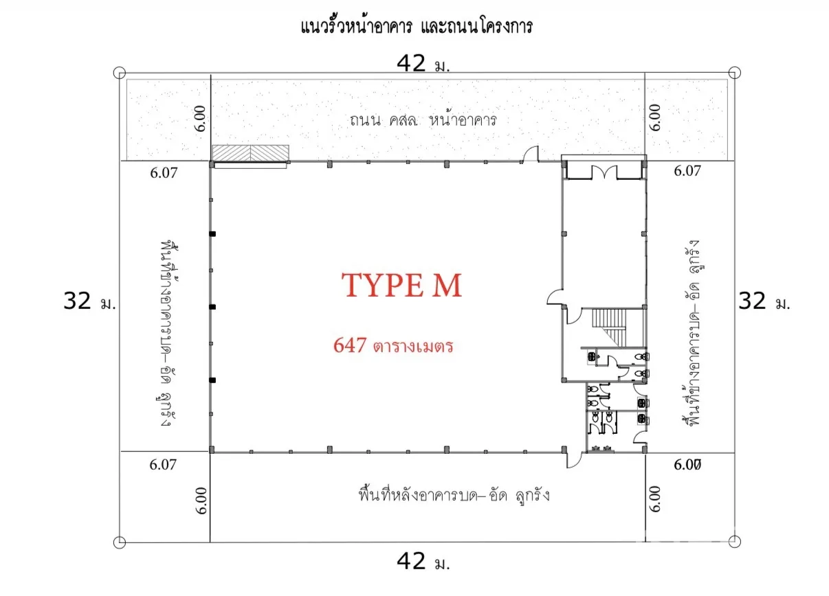 โรงงาน for rent or sale in Lam Luk Ka, Pathum Thani - ผังพื้นอาคารแสดงโซนโรงงานพร้อมพื้นที่สำนักงานและห้องน้ำ