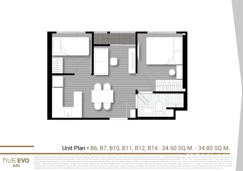 คอนโด ขายในPhaya Thai, Bangkok - ผังห้องคอนโด 34 ตร.ม. ย่านอารีย์ โชว์เลย์เอาต์กะทัดรัด พื้นที่นั่งเล่น–ทานข้าว ครัวขนาดเล็ก ห้องน้ำ 1 ห้อง และโซนหลับพักผ่อนแยก ใกล้ BTS อารีย์