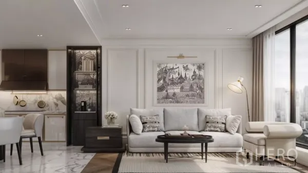 Apartment for rent in Khlong Toei, Bangkok - Open-plan living room with sofa, dining area and marble-accent kitchen beside large windows.