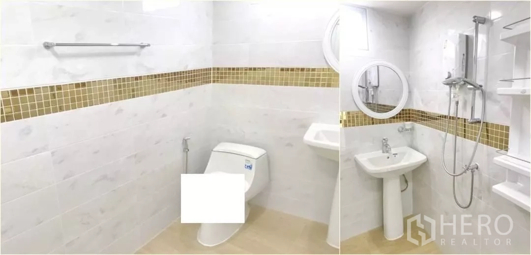 Apartment for sale in Khlong Toei, Bangkok - Composite image: white-tiled bathroom with toilet, plus a view of sink, mirror and water-heater shower.
