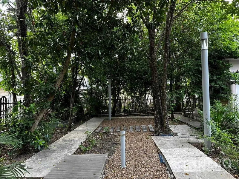 Detached House for sale in Bang Khun Thian, Bangkok - Shaded garden with mature trees, gravel path and concrete walkways.