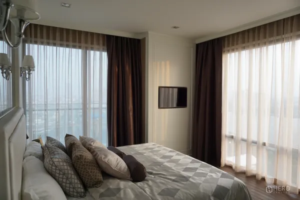 คอนโด ให้เช่าในBang Kho Laem, Bangkok - ห้องนอนใหญ่พร้อมหน้าต่างเต็มบาน ผ้าม่านทีละชั้น ทีวีบิลท์อิน และวิวเมือง–แม่น้ำ
