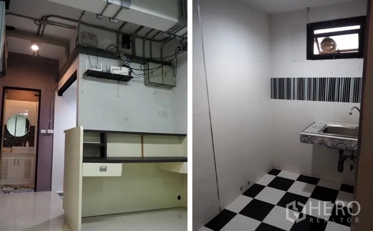 สำนักงานที่บ้าน ให้เช่าในLat Phrao, Bangkok - โซนยูทิลิตี้พร้อมโต๊ะบิวท์อิน และแพนทรีพื้นตารางหมากรุก