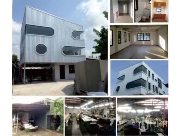 带办公室的家 出租在Phra Khanong, Bangkok - 现代三层住宅式办公室，金属外立面与几何窗户，前方设有宽敞车道。