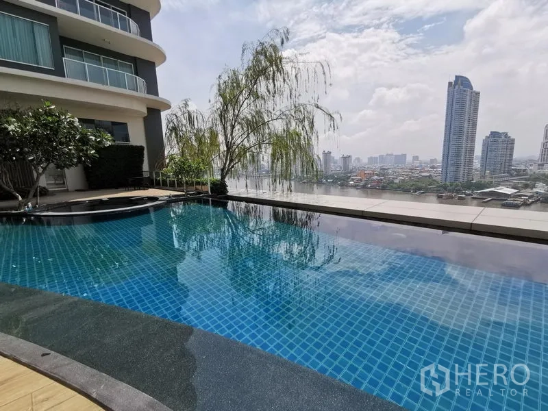 Condominium for rent in Bang Kho Laem, Bangkok - Riverside swimming pool with blue tiles and a skyline backdrop.