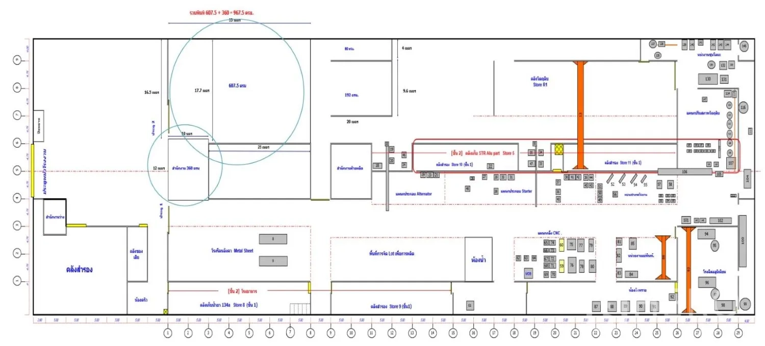 工厂 出租在Lam Luk Ka, Pathum Thani - 工厂平面图，标注生产与仓储功能区。