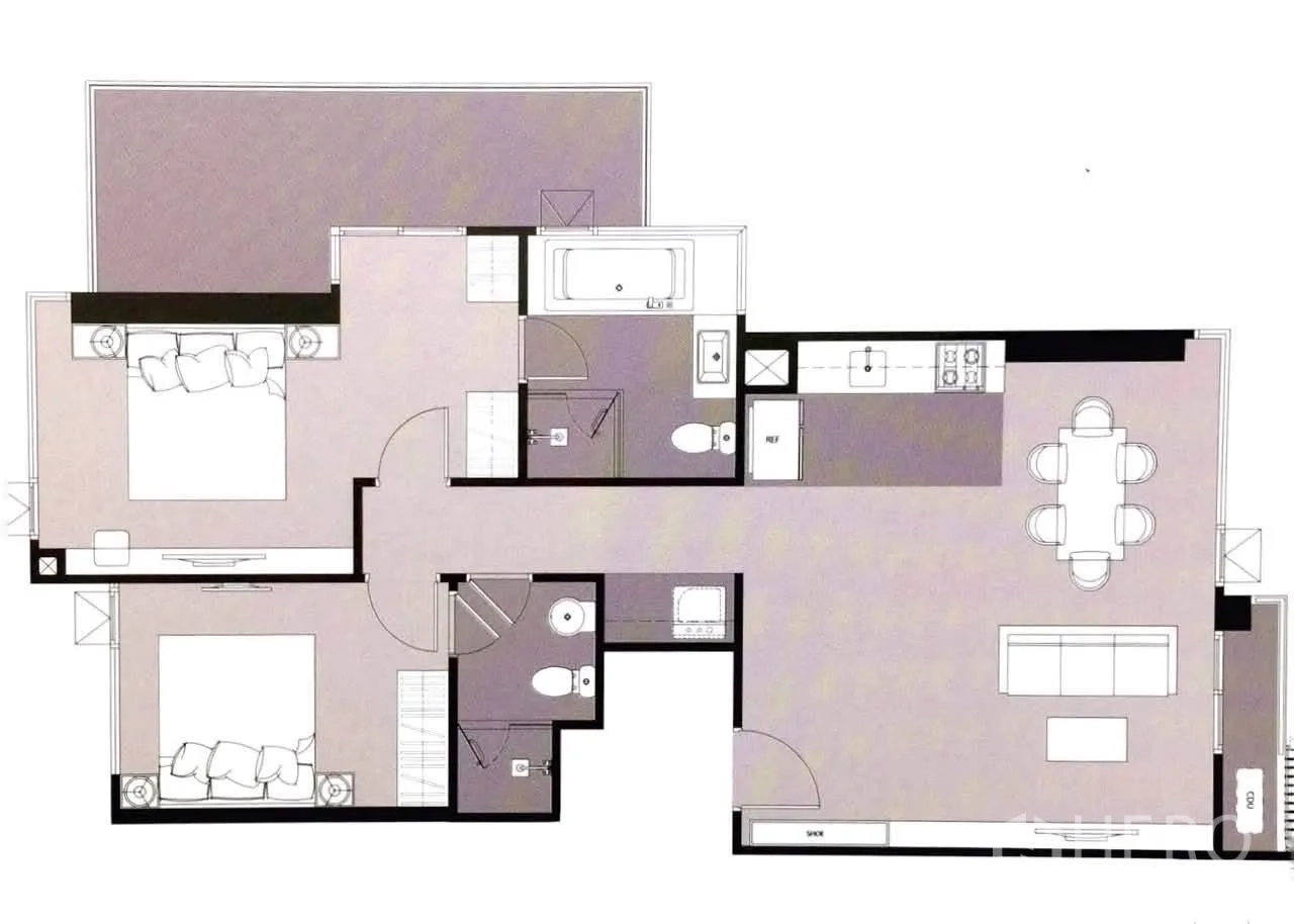 Condominium for rent in Khlong Toei, Bangkok - Floor plan showing a 2-bedroom, 2-bath condominium with open-plan living and kitchen.