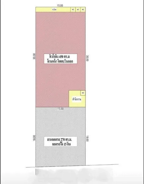 คลังสินค้า ให้เช่าในLam Luk Ka, Pathum Thani - ผังอาคารแสดงห้องโถงประมาณ 450 ตร.ม. และลานจอดราว 270 ตร.ม. จอดได้ราว 15 คัน