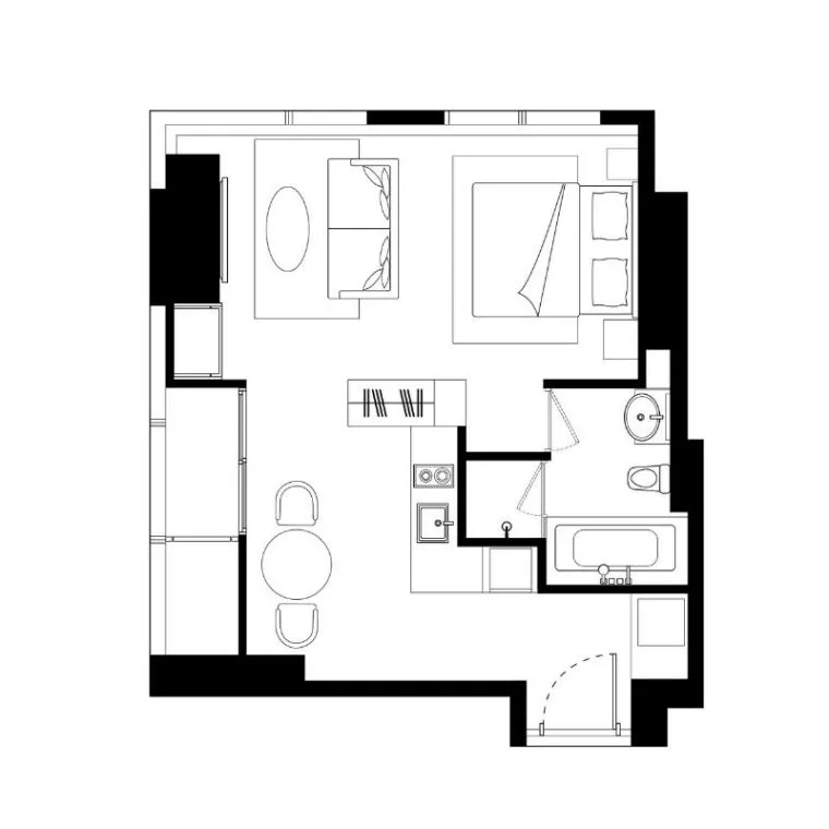 Condominium for rent in Khlong Toei, Bangkok - Floor plan of a 44 sqm 1-bedroom condominium with open living, kitchen, and bathroom layout.