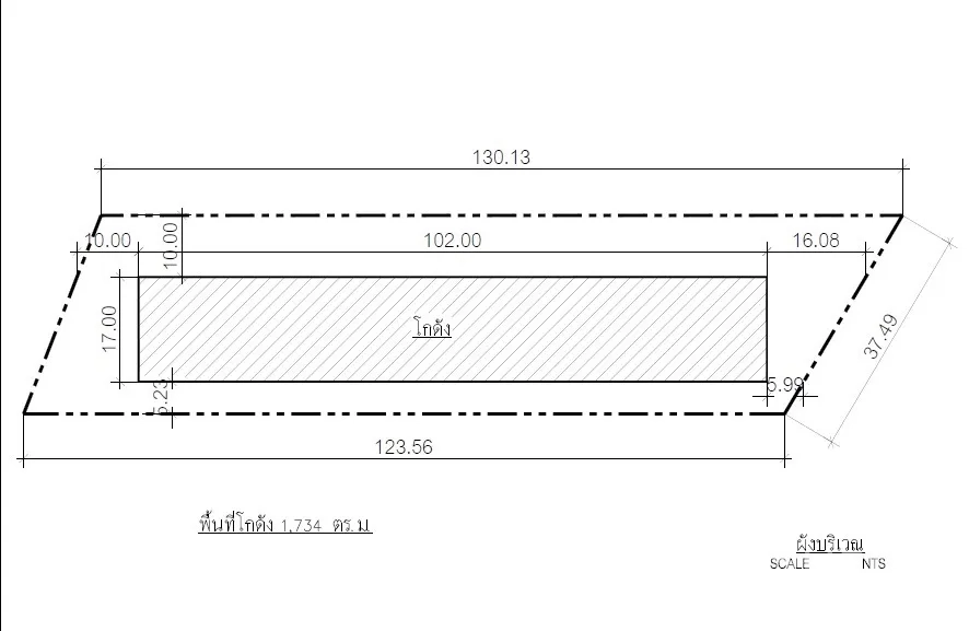 货栈 出租或出售在Lam Luk Ka, Pathum Thani - 带尺寸的用地布局图，标注仓库与土地测量。