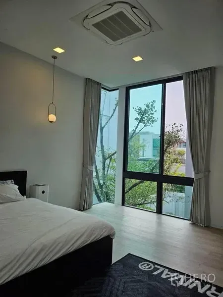 Detached House for rent - Bedroom with large corner window, pendant light and leafy outlook.