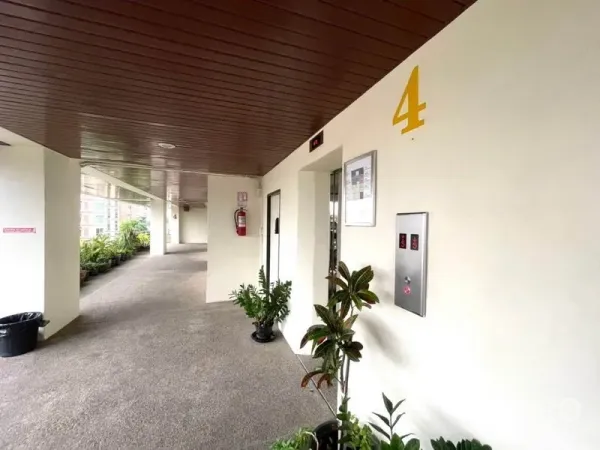 办公空间 出租在Khlong Toei, Bangkok - 四楼电梯旁的有顶走廊，摆放绿植并配有灭火器。