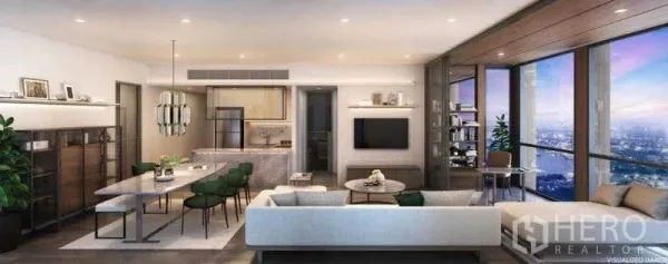 Condominium for sale in Sathon, Bangkok - Open-plan living and dining area with modern island kitchen and floor-to-ceiling windows overlooking the Bangkok skyline.